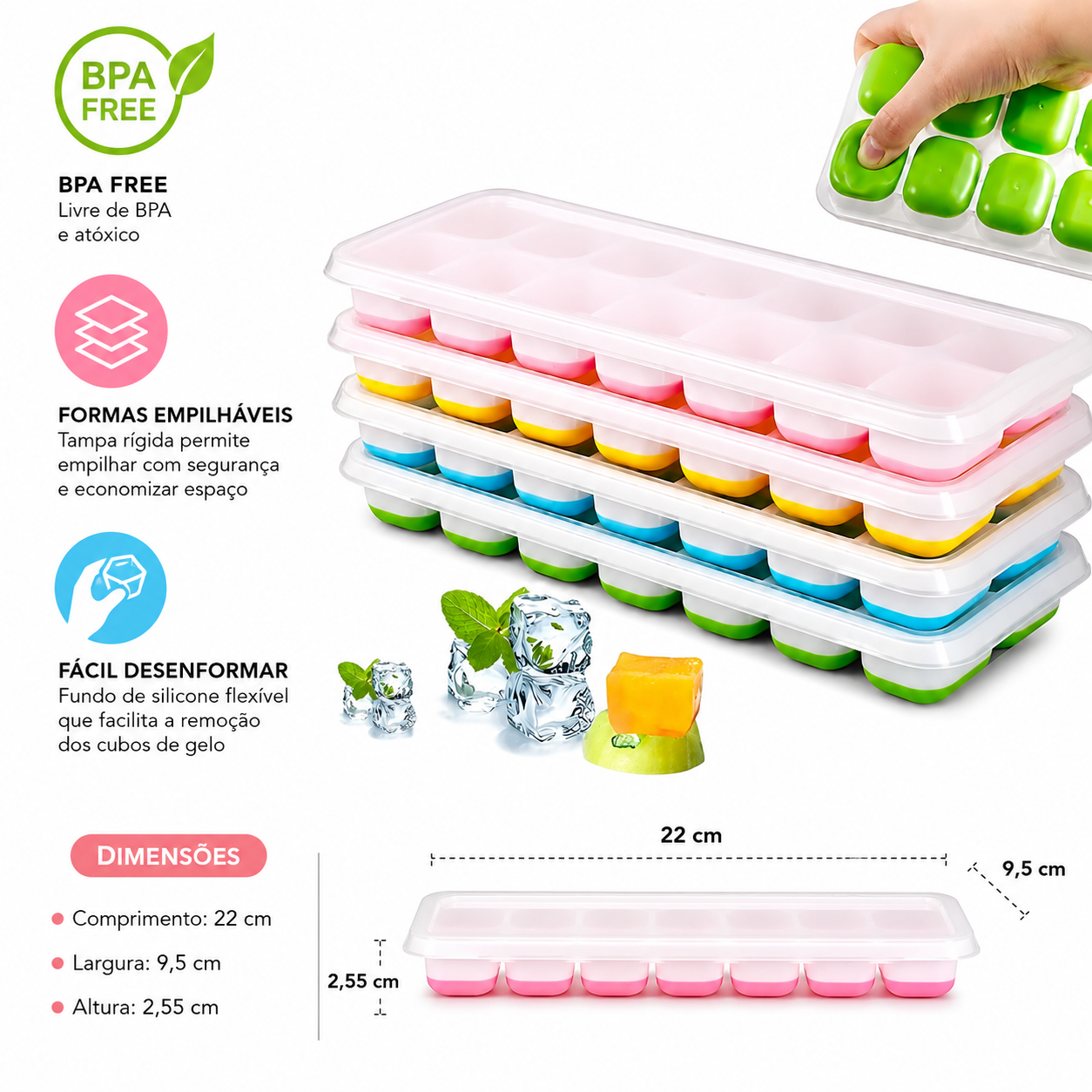 Kit com 4 Formas de Gelo - Fundo de Silicone e Tampa Rígida
