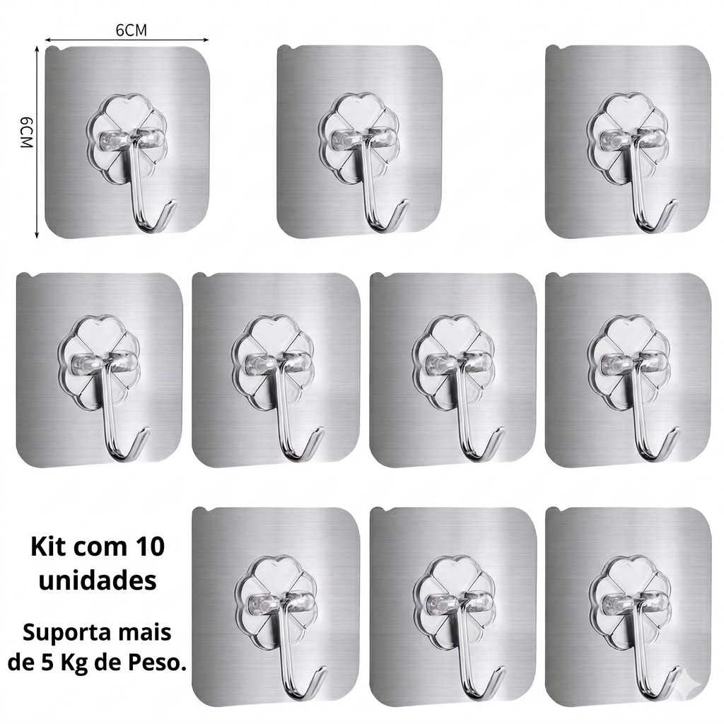 Kit com 10 Ganchos Adesivos - Gancho de Metal, Acabamento Aço Escovado